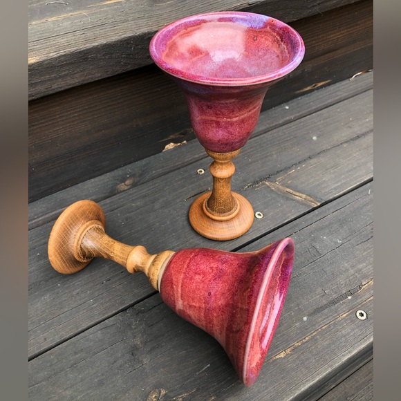 Other - Handmade Pottery Wood Goblets Pair Set Wedding Anniversary Renaissance Medieval